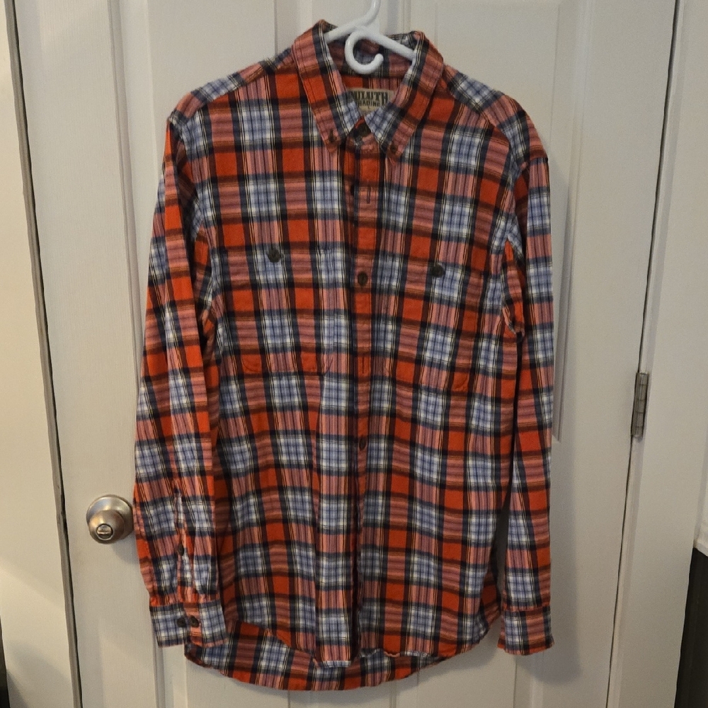 Duluth Trading Co Men's Orange and Blue Plaid Shirt